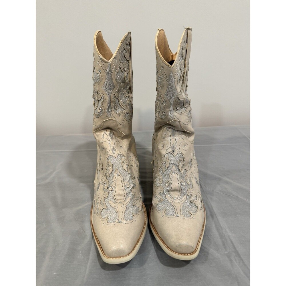 Womens Western Cowboy Boots Beige Silver Glitter Embroidered EU 38 US 7.5 - Picture 3 of 6